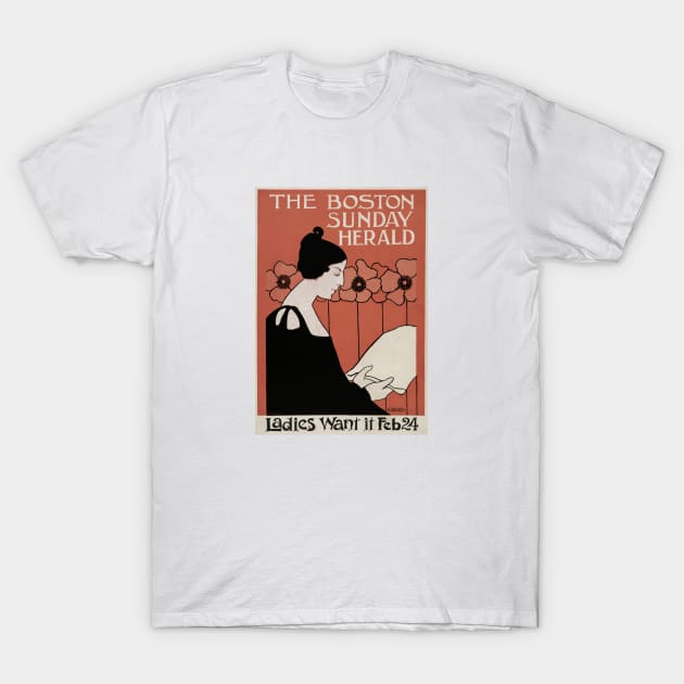 The Boston Sunday Herald vintage poster of a woman reading a newspaper in art nouveau style, by Ethel Reed. T-Shirt by Veiovis